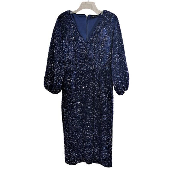 ELIE TAHARI Nwt The Robin Sequin Dress 8 Midnight Blue Blouson Sleeve Midi - Picture 4 of 12